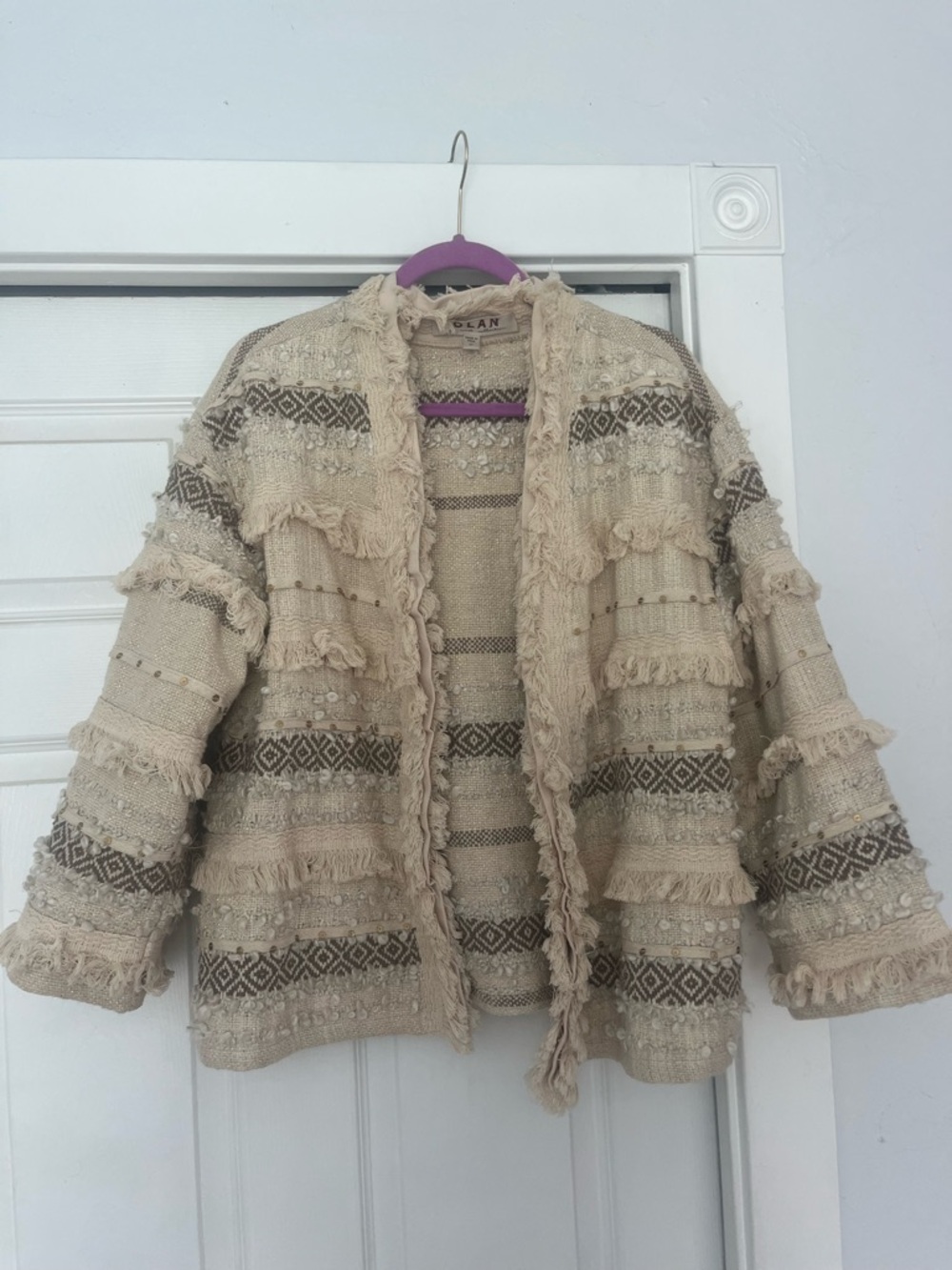 dolan Cream Textured Fringe Open Cardigan with Brown Pattern
